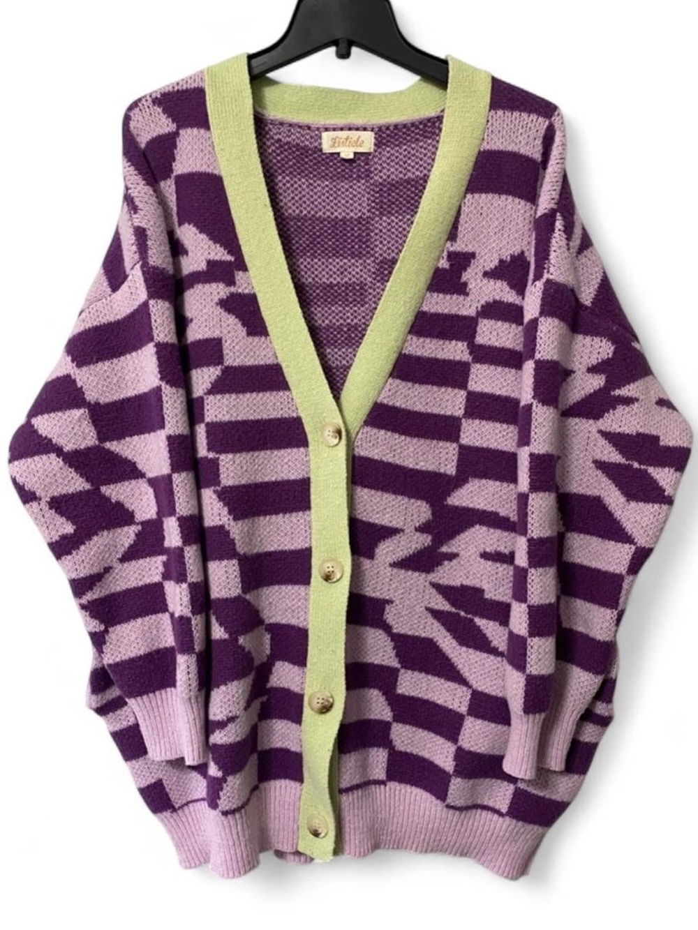 Listicle Purple & Lavender Geometric Patterned Oversized Cardigan w/Lime Trim